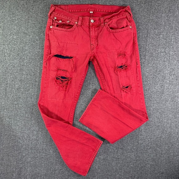 True Religion Straight Jeans Men 38x33 Red Flap Pockets Ripped
